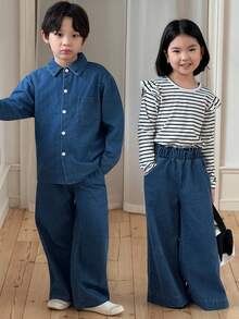 Genkimix Kids Bộ đồ thường ngày mùa xuân/thu mới dành cho bé gái, áo thun dài tay kẻ sọc + quần jeans ống rộng dáng suông, dễ thương và đơn giản. - Đen và trắng - Xem 1
