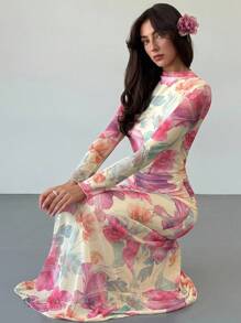 Aloruh 新款花卉网眼印花派对长袖修身连衣裙，度假风格，秋冬 - 杏色 - 查看 4