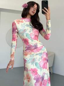 Aloruh فستان طويل الأكمام بياقة عالية مطبوع بالزهو...