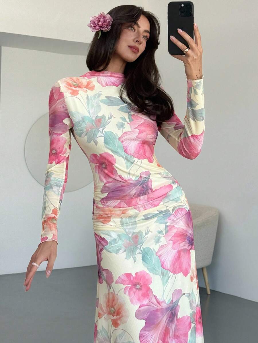 Aloruh 新款花卉网眼印花派对长袖修身连衣裙，度假风格，秋冬