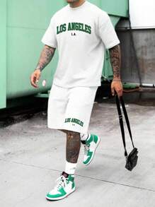 Manfinity LEGND White Knitted Men's Short Sleeve T-Shirt And Shorts Set - White - View 1