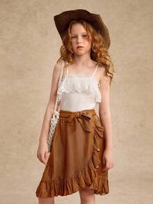 Tween Girl 2pcs Set: White Lace Patchwork Camisole Blouse + Khaki Belted Ruffle Hem Mini Skirt Elegant Outfit Summer Holiday - Khaki - View 3