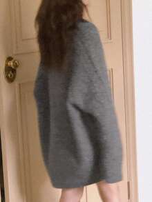 DAZY 宽松圆领麻花针织长袖休闲中长款毛衣，法式时尚秋冬 - 灰色 - 查看 2