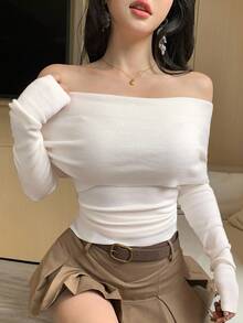 DAZY 女士优雅露肩纯色毛衣，秋季 - 米色 - 查看 9
