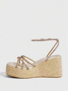 CUCCOO SZL Women's Wedge Thick Bottom Jute Rope Rhinestone Sandals - Gold - View 5
