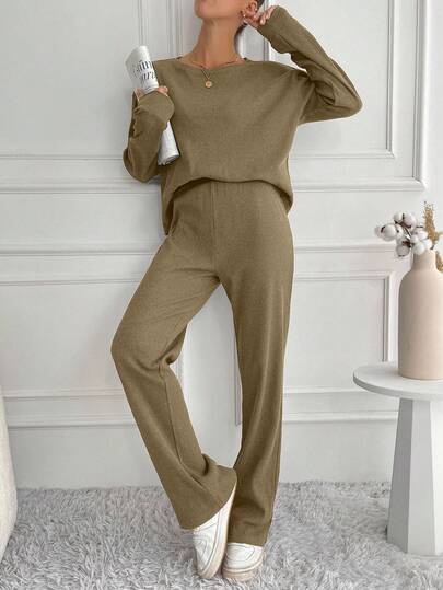 SHEIN Tall Women's Solid Color Round Neck Long Sleeve Loose Top And Pants 2 Pieces Set