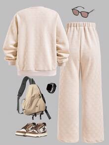 SHEIN 1 套青少年男童休闲格子提花圆领长袖上衣和裤子，常规厚度，日常穿着，秋季 - 杏色 - 查看 2