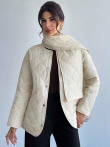 Firerie 女士休闲优雅亮片绗缝围巾领棉服大衣/配围巾的棉服大衣/纹理亮片花朵绗缝/女士秋装/女士冬装/知性优雅女装/日常外出/通勤装/商务谈判 - 白色 - 查看 5