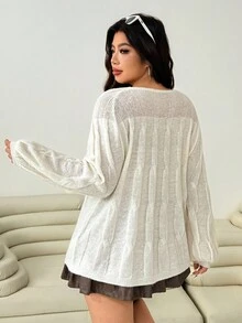 SHEIN EZwear 大码休闲纯色插肩袖女式开衫秋冬装 - 杏色 - 查看 3