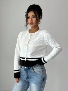 SHEIN Clasi Elegant Romantic Striped Round Neck Cardigan With Metal Button Decor, Black & White Knit Sweater For Women, Autumn - Black and White - View 7