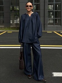 DAZY 秋冬新款宽松休闲复古风女装V领灯笼袖上衣和牛仔裤套装 - 藍色 - 查看 1
