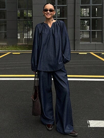 DAZY Autumn/Winter New Loose Casual Vintage Style Women V-Neck Lantern Sleeve Top And Jeans Pants Suit