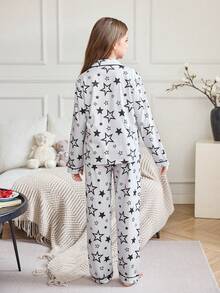 2 件女童黑色星星印花翻领长袖上衣 + 裤子睡衣套装，秋冬女童休闲家居服或睡衣 - 黑色 - 查看 2