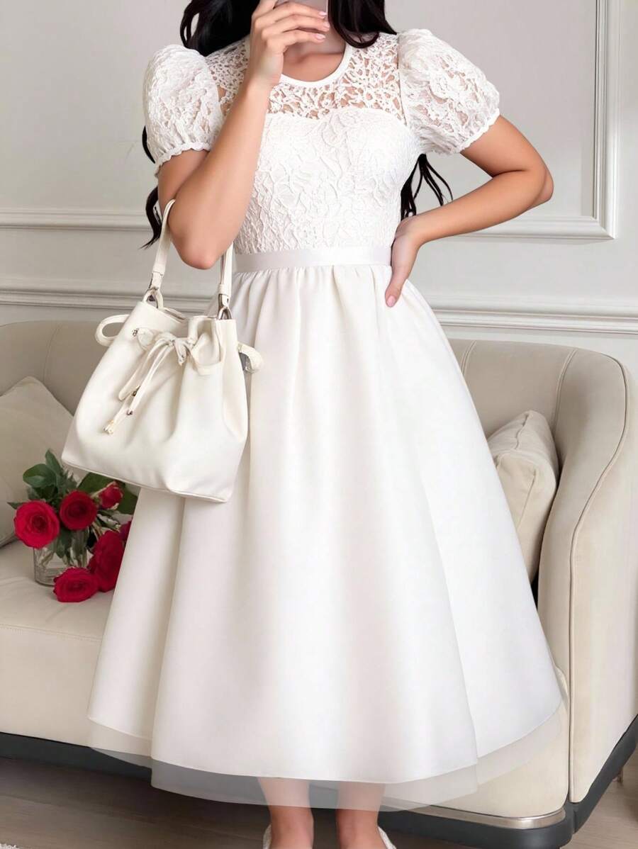 Vestido largo de encaje con tul para boda de chica adolescente - Blanco - Ver 1