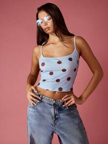 MISSGUIDED Áo crop top chấm bi không tay dây mảnh mùa hè thiết kế chéo lưng đơn giản, thoải mái, dễ mặc, trang phục nhiều lớp thiết yếu - Màu xanh nhạt - Xem 3