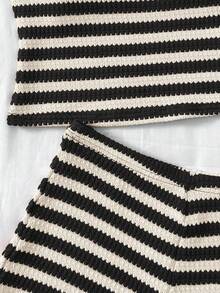 2 件套 Tween 女童休闲不对称纹理条纹露肩 T 恤和短裤套装 - 黑色 - 查看 4