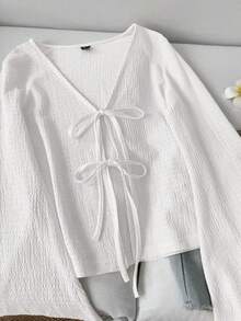 SHEIN LUNE Áo nữ tay loe màu trơn dáng rộng, áo sơ mi trắng thắt nơ phía trước, áo kiểu thắt nơ cổ chữ V, áo trắng nữ, áo sơ mi trắng, áo kiểu thường ngày. - trắng - Xem 5