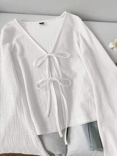 SHEIN LUNE Women's Casual Solid Color Tie Flare Sleeve Top White Front Blouse Bow V Neck Women Shirt,Casual