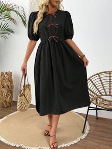 SHEIN LUNE 夏季优雅正式修身收腰中长连衣裙，饰有蝴蝶结，休闲风格 - 黑色 - 查看 5