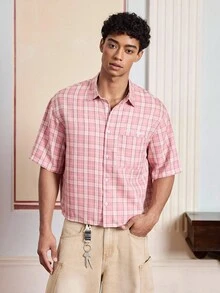 SWAVVY Men's Woven Plaid Casual Short Sleeve Shirt - Pink - View 2