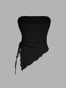 SHEIN MOD 多件式紧身胸衣上衣，侧边系腰褶，复古印花抹胸，秋季上衣，外出上衣，棕色背心 - 酒紅色 - 查看 9