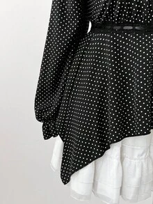 Sunspun Plus Size Polka Dot Lace Patchwork Long Sleeve Asymmetrical Hem Blouse