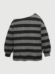 ROMWE Sweat-shirt-shirt oversize décontracté à manches raglan rayées - Noir - Voir 2
