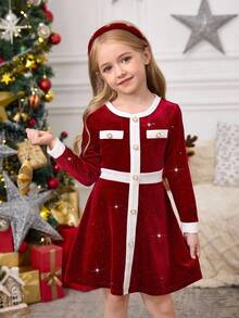 SHEIN Kleine Mädchen Kleid - eine Kombination aus retro, süß, modisch und elegant. Ein glänzendes paillettenverziertes Samtkleid mit kontrastierenden Farbflächen und langen Ärmeln, mit funkelnden herzförmigen Pailletten. Ein lässiges, simples und elegantes Kleid, geeignet für die Hochzeitssaison, damenhaft für Jungen, Herbst- und Winterstil, geeignet für Weihnachten, Partys, den Alltag, Geburtstagskleider, Prinzessinnenoutfits, Schwester-Schwester-Matching-Styles. - Rot - Übersicht 9