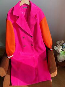 SHEIN EZwear Colourblock Drop Shoulder Double Breasted Overcoat - Hot Pink - View 5