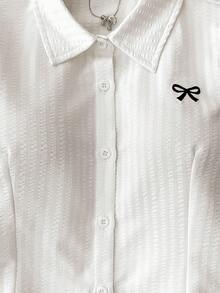 青少年女孩白色修身弧形下摆图案衬衫、条纹衬衫、学院风衬衫、白衬衫、百搭百搭衬衫、青少年衬衫，适合年轻女孩 - 白色 - 查看 8