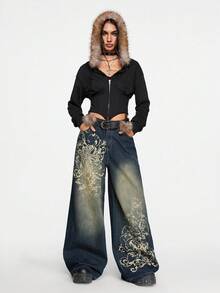 ROMWE Grunge Punk Relaxed Fit Grunge Vintage Oversized Cross & Vine Print Women Low Waist Jeans