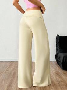 SHEIN EZwear Women's Loose Fit Wide Leg Casual Pants, Light Yellow - Light Yellow - View 2