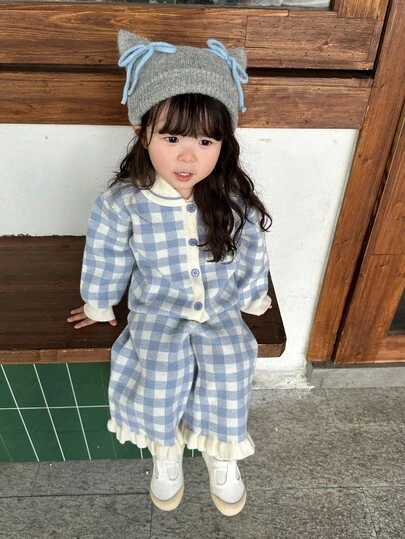 DAZY 2件套女婴格子韩版可爱毛衣外套+针织裤套装，秋冬季幼儿女童服装