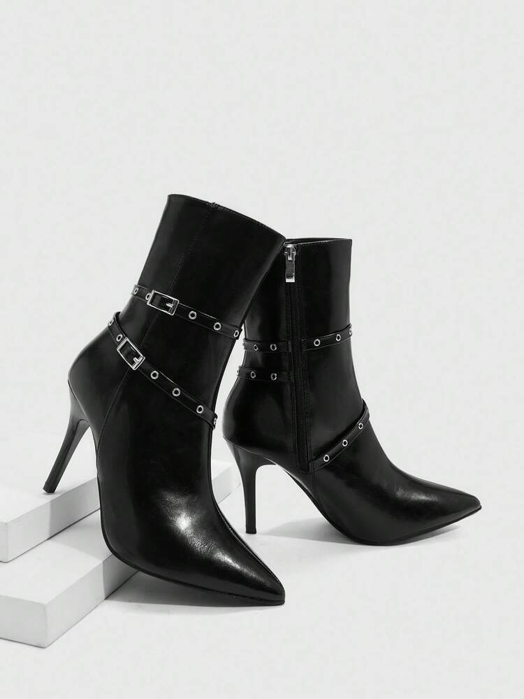 CUCCOO SZL Women's Pointed Toe Stiletto Buckle Sexy Elegant Fashion Mid-Calf Boots
