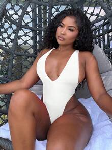 Alexandranx 夏季女式性感深 V 领高腰露背连体泳衣 - 白色 - 查看 5