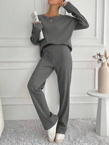 SHEIN Tall Women's Solid Color Crew Neck Long Sleeve Top And Pants 2 Pieces Set - Grey - View 1
