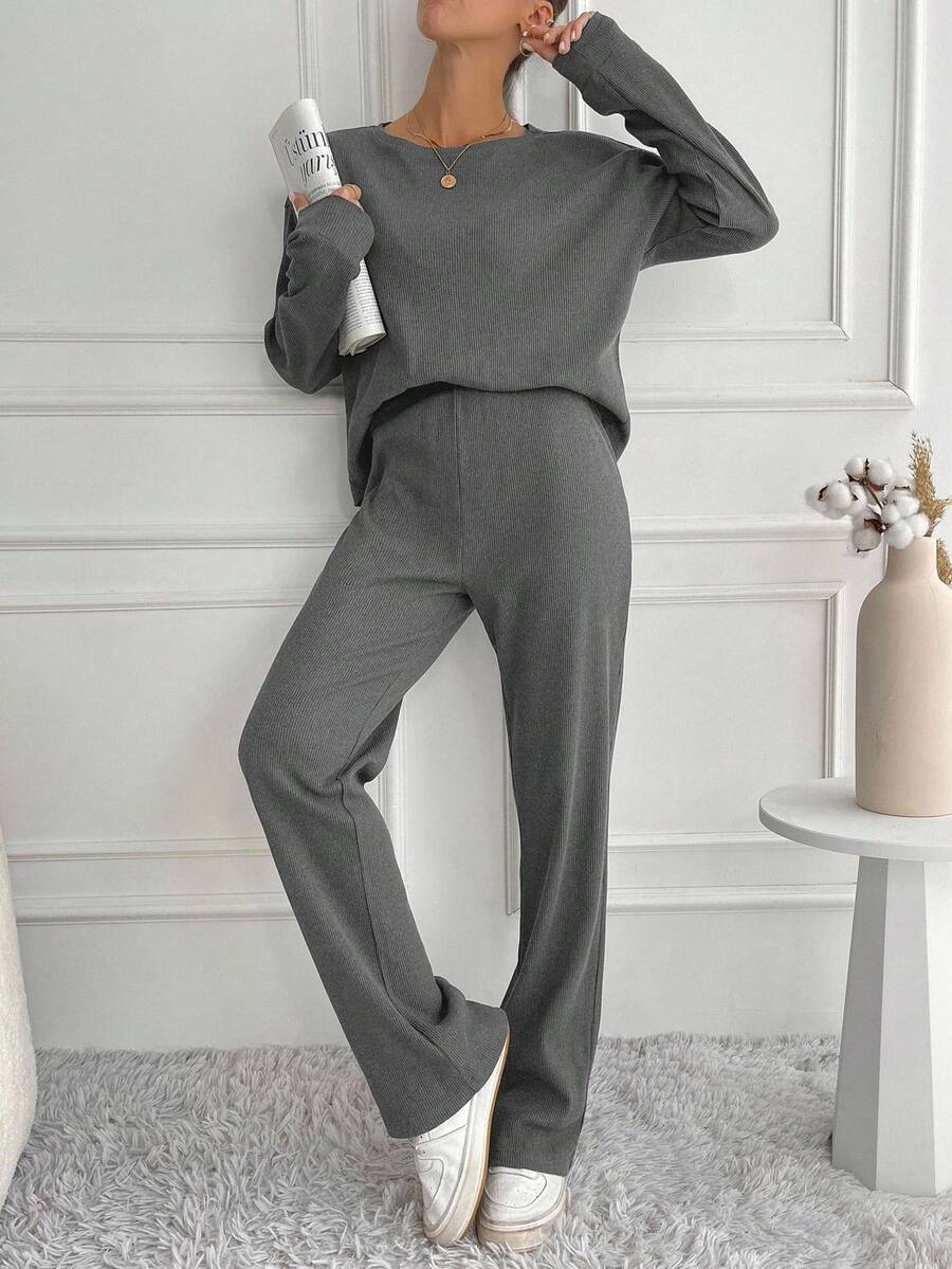 SHEIN Tall Women's Solid Color Crew Neck Long Sleeve Top And Pants 2 Pieces Set - Grey - View 1