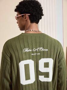 SWAVVY 男士长袖字母数字图案休闲毛衣，秋冬 - 軍綠色 - 查看 2