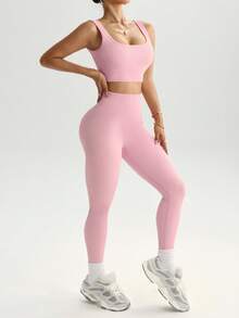 Easithlete Bộ đồ thể thao tập luyện cho nữ gồm 2 áo ba lỗ liền mạch và quần legging Bộ đồ thể thao tập luyện cho nữ Bộ đồ legging cho nữ - Hồng - Xem 7