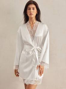 Charlaine 女士舒适缎面撞色蕾丝长袍，秋季 - 白色 - 查看 4