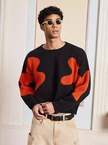 SWAVVY 标准尺寸男士提花针织长袖圆领毛衣，秋冬 - 黑色 - 查看 3