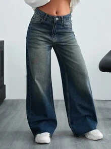 EURMUSE HIGH WAIST WIDE LEG CASUAL STYLE DENIM - Medium Wash - View 7