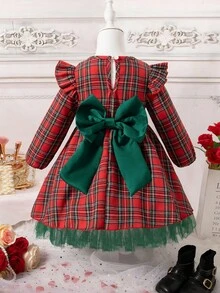 Glamorique Kids 女童格紋洋裝，節慶花童款，荷葉邊肩帶長袖擺裙中長洋裝，適合婚禮、7歲生日、假期，秋冬紅色 - 紅色 - 查看 4