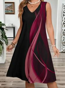 EMERY ROSE 大码女式拼色抽象印花 A 字形度假连衣裙、V 领无袖背心裙、时尚夏季连衣裙太阳裙海滩女装 - 彩色 - 查看 1