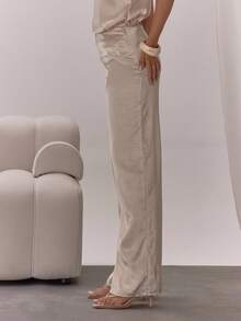 MUSERA Pantalones de pierna recta de satén con cremallera oculta, solo para ocasiones elegantes, sexys, de noche, vacaciones, fiestas y uso casual - Caqui - Ver 3