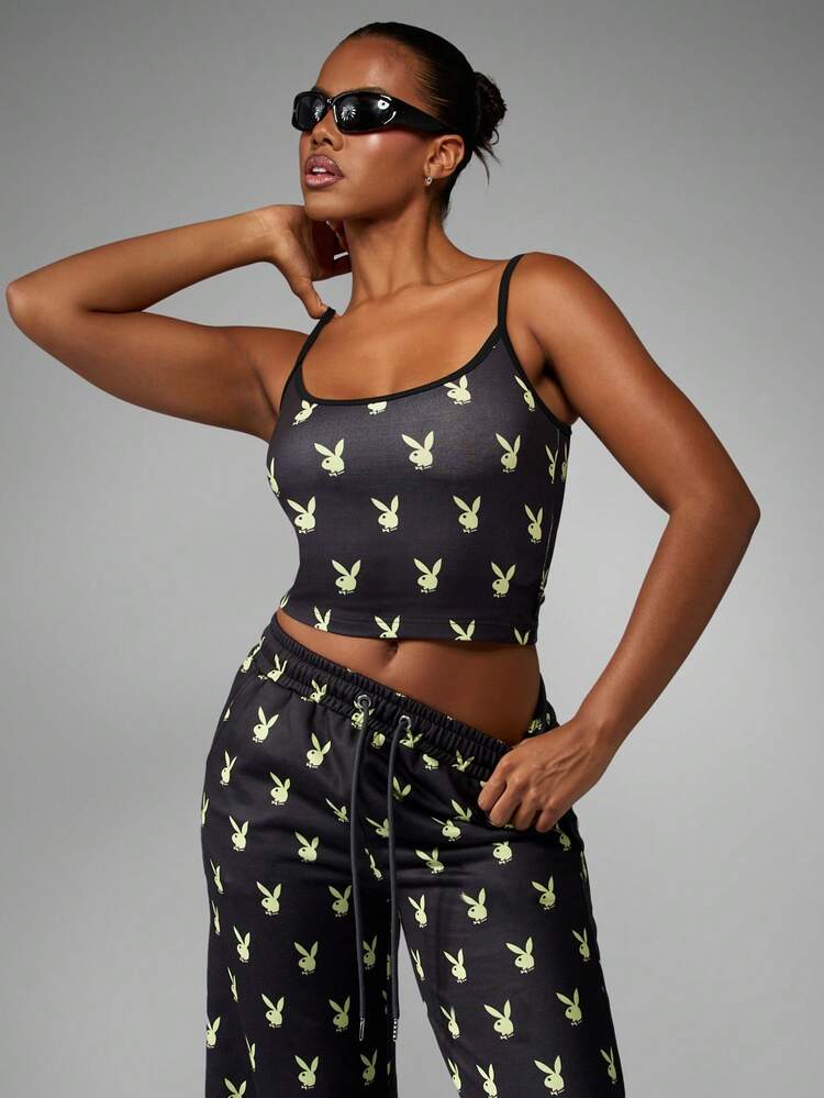Missguided x Playboy Bunny All Over Print Cami Top Stylish Crop Tank Black Spaghetti Strap Fitted Summer Party Club Festival