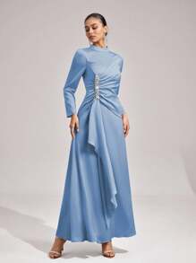 Coutiva Đầm dài tay cổ đứng thanh lịch thời trang mới - Màu xanh nhạt - Xem 1