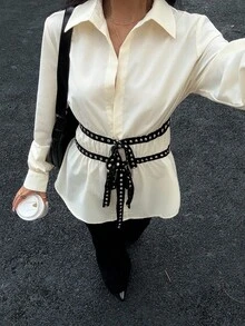 Siren Gaze 女士黑色铆钉腰衬衫，秋冬新品 - 黑色 - 查看 4