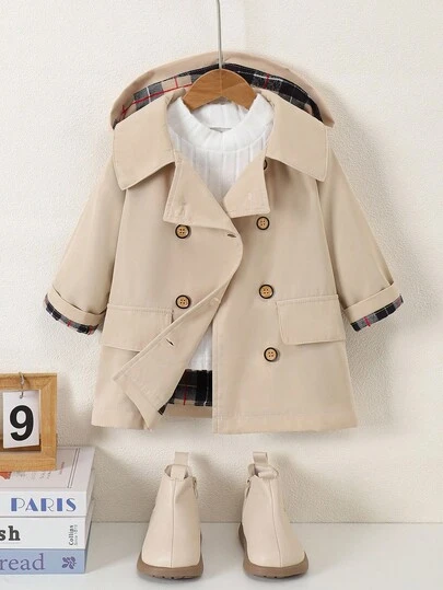 SHEIN Playful Pals Baby Pojkar Twill Huva Trenchcoat Höst Vinter Barn Vindjacka Trenchcoat Vindtät Barn Khaki Jacka Kappa Mode Överrock