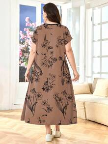 Lacomfia Plus Size Women Floral Print Button Design Casual Loose Short Sleeve Dress - Red - View 2